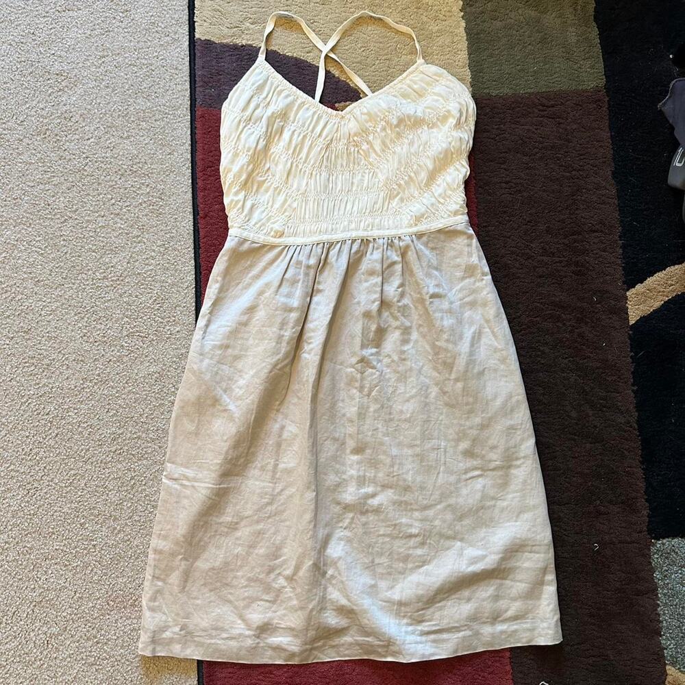 bannana republic cream and white linen and silk with ruching dress summer